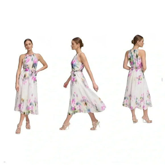 DKNY Printed Halter Tie-Waist Midi Dress Size 10 - Picture 1 of 8